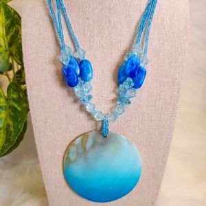 Blue Beaded Seashell Pendant Necklace